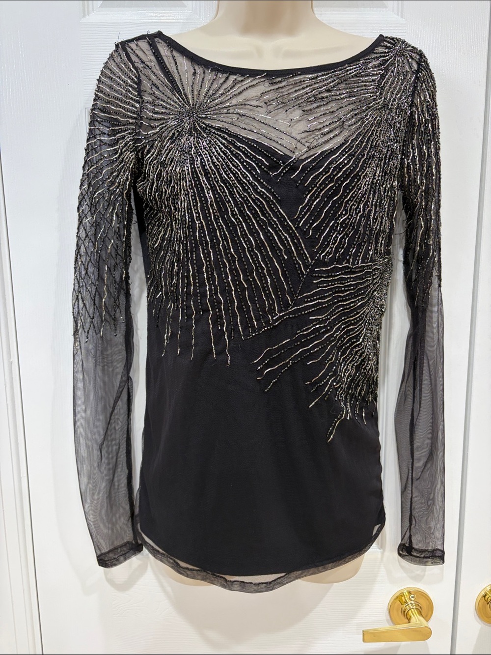 Club Monaco Black Sheer Long-Sleeve Top with Metallic Beading